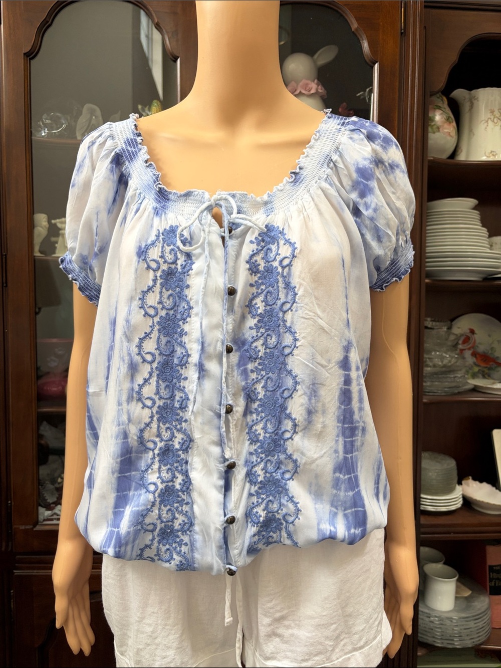 Fever Blue Tie-Dye Lace-Front Peasant Blouse